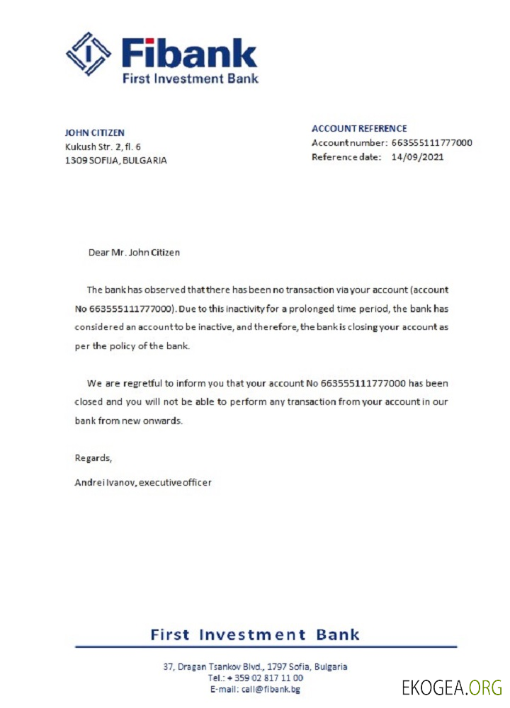 Bulgarie , First Investment bank , closure référence